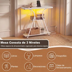 Mesa consola com luzes LED e base de carregamento 79,5 x 30,5 x 81,5 cm, 3 níveis, estantes abertas, kit anti-tombamento, estrutura metálica, para sal