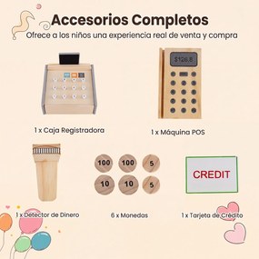 Conjunto de Loja Infantil com Carrinho de Compras e Caixa Registadora, 90 x 62,5 x 110,5 cm, Estrutura de Madeira, Natural