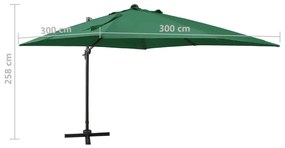 Guarda-sol jardim cantilever c/ poste e luzes LED 300 cm verde