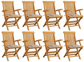 Cadeiras de jardim c/ almofadões xadrez cinzento 8 pcs teca