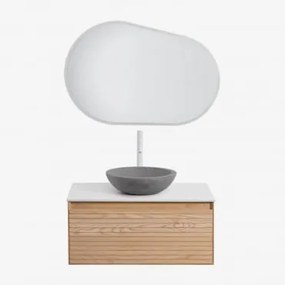 Conjunto De Móvel De Casa De Banho Suspenso Em Madeira De Freixo Tedrik Castanho Fresno & Cimento Cinzento Redondo Ø40 Cm Tarsis & Oval - Sklum