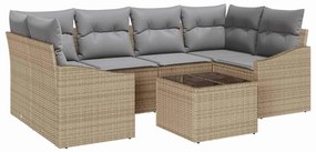 Conjunto de Sofá de Jardim de 7 Peças com Almofadas Bege Rattan Poliés