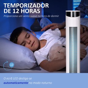 HOMCOM Ventoinha de Coluna Oscilante 45 W com Controlo Remoto Temporizador de 12h 3 Velocidades 3 Modos Ecrã LED e Alça de Transporte para Dormitório Ø31,5x93 cm Branco