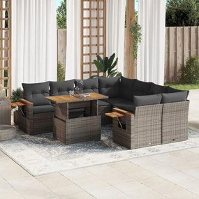 9 pcs conjunto sofás p/ jardim com almofadões vime PE cinzento
