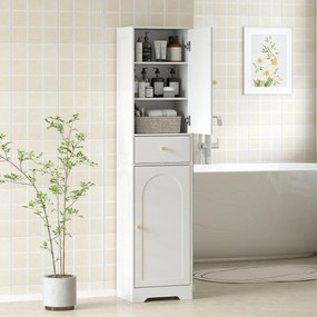 Coluna Casa de Banho com 2 Portas Arqueadas Gaveta e Prateleiras Ajustáveis Armário Alto Casa de Banho 40x29,5x170 cm Branco com Veios