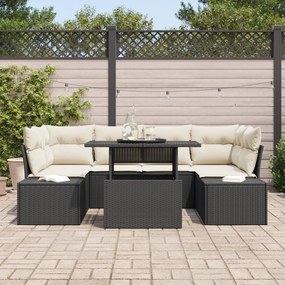 Conjunto de Sofá de Jardim com 7 Peças e Almofadas Preto em Rattan