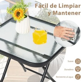 Mesa para jardim quadrada de 46,5 cm com estrutura resistente à ferrugem e tampo de vidro temperado para piscina e varanda jardim Preto