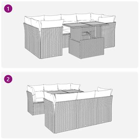 7 pcs conjunto sofás p/ jardim c/ almofadões vime PE cinzento