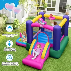Castelo insuflável 6 em 1 para crianças (SEM VENTILADOR) com escorrega Piscina de bolas Área de salto Cesto de basquetebol Multicolor