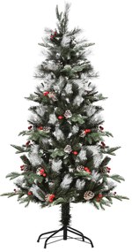 HOMCOM Árvore de Natal Artificial 150cm com 440 Ramas 39 Pinhas e 39 Frutinhas Folhas de PVC PE Base Dobrável e Suporte Metálico Decoração de Natal para Interiores Verde