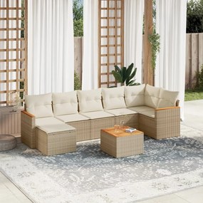 8 pcs conjunto de sofás p/ jardim com almofadões vime PE bege