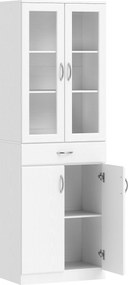 HOMCOM Armário Alto de Cozinha com Portas de Vidro Gaveta Prateleiras Ajustáveis para Sala de Jantar Sala 60x35x180 cm Branco | Aosom Portugal
