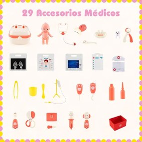 Consultório médico em madeira para Crianças 85 x 25 x 80 cm com área de exame, filme de raios X, monitor de ECG e tabela optométrica rosa