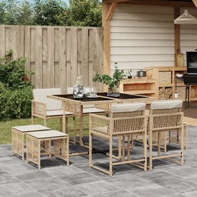 vidaXL 9 pcs conjunto de jantar p/ jardim com almofadões vime PE bege