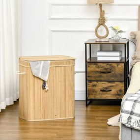 Cesto de Roupa Suja 90L em Bambu com 2 Compartimentos Alças e Bolsa Interna Removível 54,2x35,2x59,5 cm Madeira