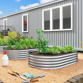 Conjunto de 2 floreiras elevadas em aço galvanizado 152 x 91 x 30 cm, kit de floreiras de jardim com rebordo em borracha, prateadas