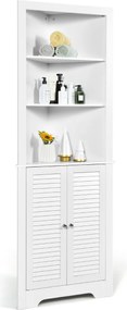 Armário de canto alto  60 x 44,5 x 173 cm para casa de banho ou cozinha triangular com 3 prateleiras abertas e 2 portas Branco