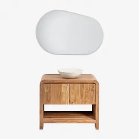 Conjunto De Móvel De Casa De Banho Em Madeira Vacry Castanho Acácia & Cimento Redondo Branco Ø40 Cm Zavion & Oval Led E Anti-embaciamento 100x80 Cm Ri
