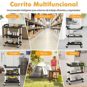 Carrinho multifuncional 80 x 41 x 97 cm de 3 níveis com rodas bloqueáveis e alças duplas, estrutura em alumínio para cozinha ou garagem, preto