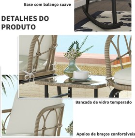 Conjunto de Móveis jardim de Vime de 3 Peças com 2 Cadeiras de Baloiço 1 Mesa de Centro e Almofadas Creme e Bege