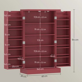 Armário de cozinha para despensa  60 x 30 x 104 cm com 2 portas, 5 prateleiras e 12 suportes para especiarias vermelho