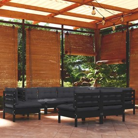 vidaXL 9 pcs conjunto lounge jardim c/ almofadões pinho maciço preto
