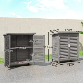 Armário de Armazenamento de Madeira para Jardim com 2 Prateleiras Interiores 2 Portas e Teto Inclinado para Exterior Terraço 87x46,5x96,5cm Cinza