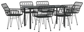 7 pcs conjunto de jantar para jardim vime PE preto