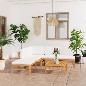 vidaXL 6 pcs conj. lounge de jardim + almofadões cor creme teca maciça