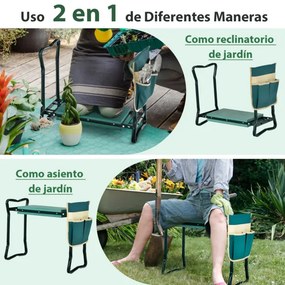 Assento duplo de jardim 2 em 1 com bolsa lateral e banco almofadado para carga seca e sentada 150 kg 58 x 27,5 x 50 cm verde
