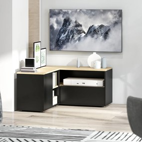 Móvel de TV de canto com banco para televisores até 40 polegadas, com 2 armários e 3 compartimentos abertos, 90 x 90 x 45 cm, em carvalho e preto