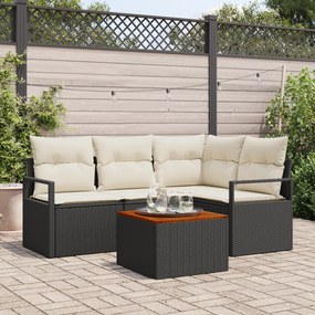 Conjunto de Sofá de Jardim de 5 Peças com Almofadas Preto Rattan Acáci