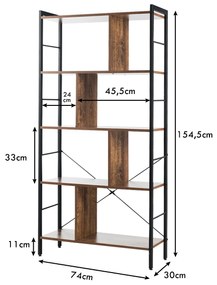 Estante de livros 5 níveis Prateleira multifuncional para arrumação para sala de estar Escritório de quarto 74 x 30 x 154,5 cm