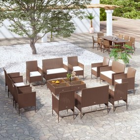 16 pcs conjunto lounge jardim c/ almofadões vime PE castanho