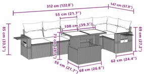 7 pcs conjunto de sofás jardim c/ almofadões vime PE castanho