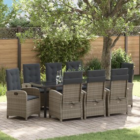 Conjunto de Jantar de Jardim 9 Peças com Almofadas Cinzas de Rattan Po