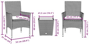 3 pcs conjunto de bistrô com almofadões vime PE/vidro cinza