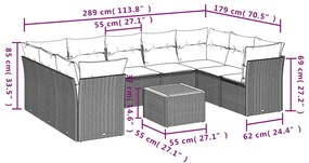 10 pcs conjunto sofás p/ jardim c/ almofadões vime PE cinzento