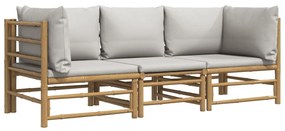 3 pcs conj. lounge de jardim bambu c/ almofadões cinzento-claro