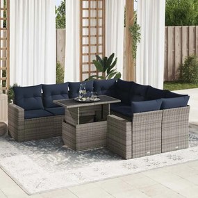 9 pcs conjunto sofás jardim almofadões vime PE/acácia cinzento
