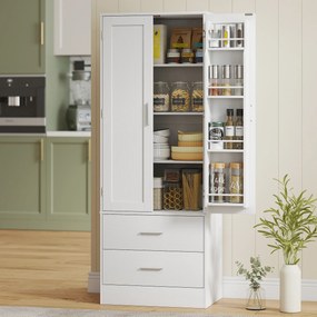 Armário alto de cozinha 60 x 40 x 159 cm com2 portas, 8 suportes para especiarias, 2 gavetas, prateleiras ajustáveis, , branco