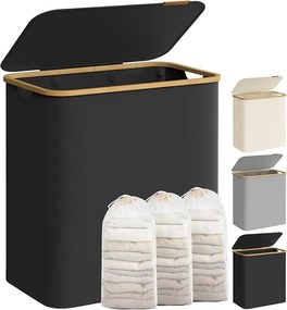 Cesto de roupa suja SONGMICS com tampa, cesto grande para roupa suja de 3 seções, 150 L, forro de malha removível, tecido Oxford, alças de bambu, dobrável, 60 x 38,5 x 70,5 cm, tinta preta LCB515B01V1