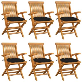 Cadeiras de jardim c/ almofadões pretos 6 pcs teca maciça