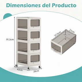 Carrinho de Arrumação com 4 Gavetas, 42 x 28 x 91,5 cm, Rodas com Travão, Branco