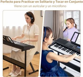 Teclado eletrónico portátil iluminado de 61 teclas com estrado e banco Conjunto de piano digital  50 canções de demonstração Branco + Preto