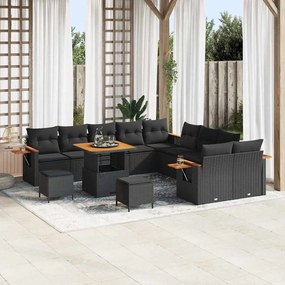 Conjunto de Sofá de Jardim de 13 Peças com Almofadas Preto Polirattan Acácia