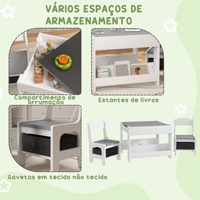 Conjunto de Mesa e 2 Cadeiras Infantis 2 em 1 com Ardósia Gavetas de Tecido e Espaço de Armazenamento para Quarto Cinza