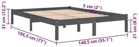 Estrutura de cama casal 135x190 cm madeira maciça cinzento