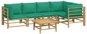 6 pcs conjunto lounge de jardim bambu c/ almofadões verdes