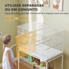 Gaiola para Pássaros com Divisória Rodas Gaiola para Aves com Comedouros Poleiros e Bandeja Removível 94x57x128 cm Branco